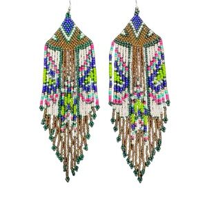 Boho‎ Seed Bead Fringe Earrings - Cobalt Gold Beadwork - Dangle Jewelry